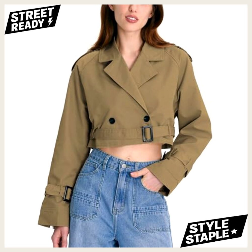 Cropped Trench Coat with Belt, Double Breasted Casual Jacket, Polyester - Picture 3 of 7
